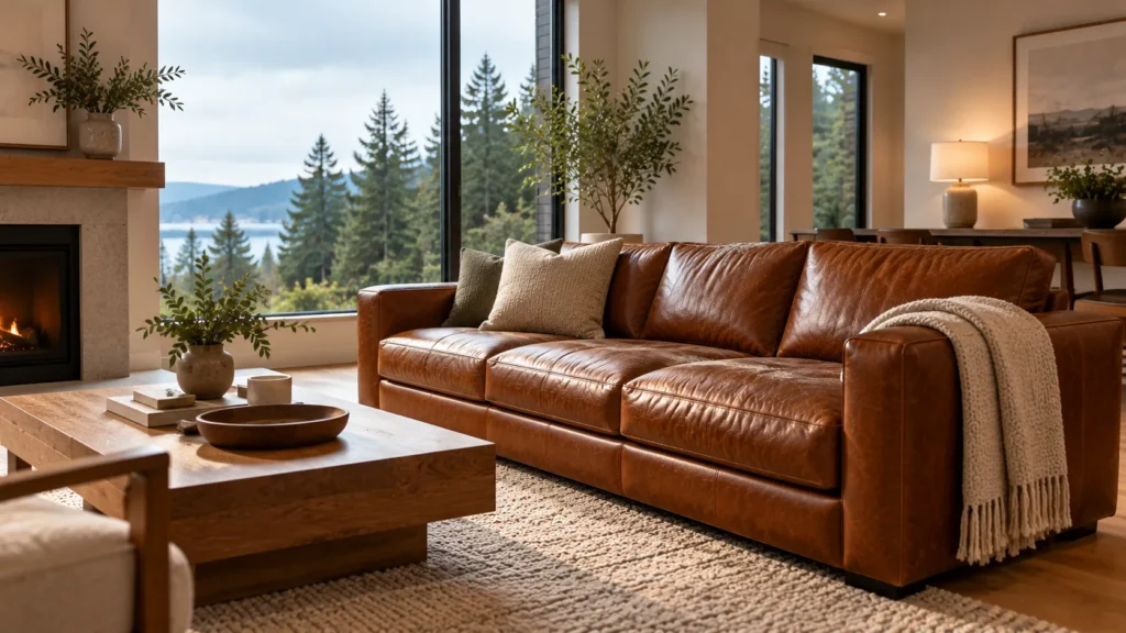 Cognac leather sofa in a bright Seattle living room with evergreen trees outside the window